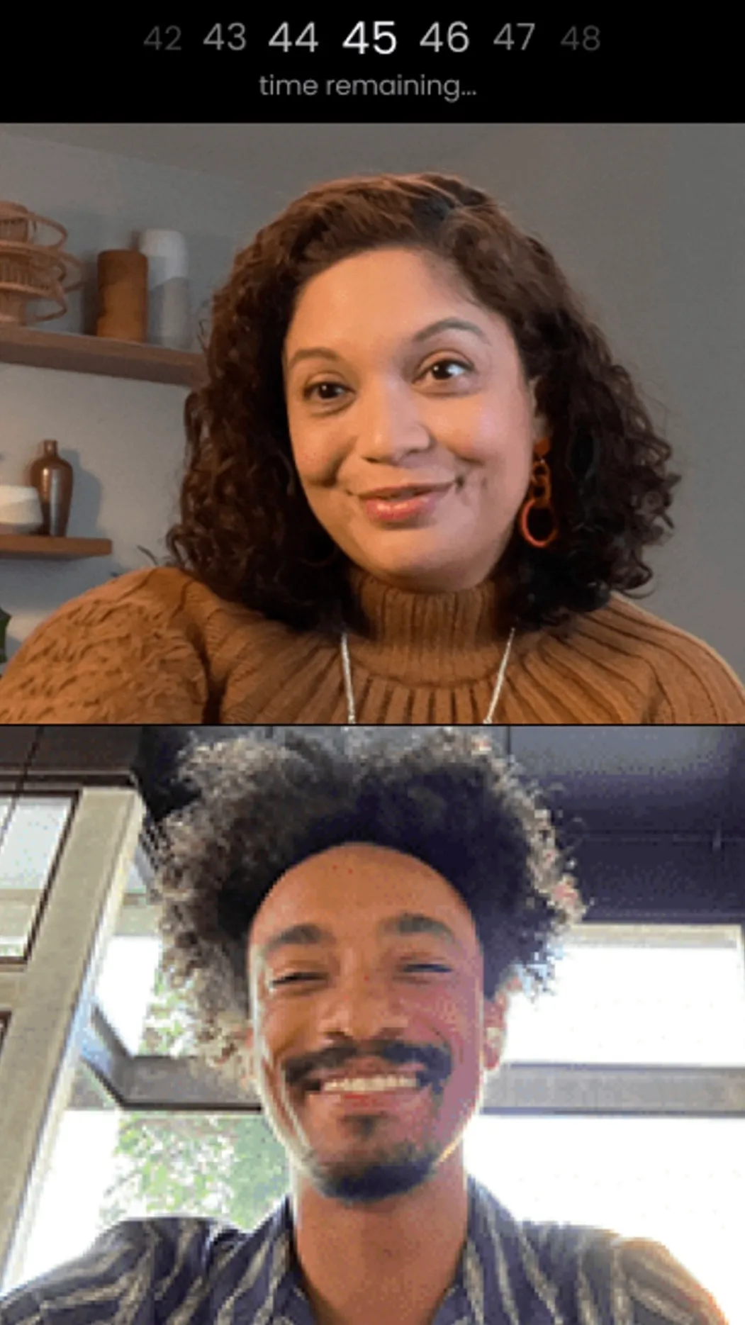 A two-person video chat with a countdown of time remaining.