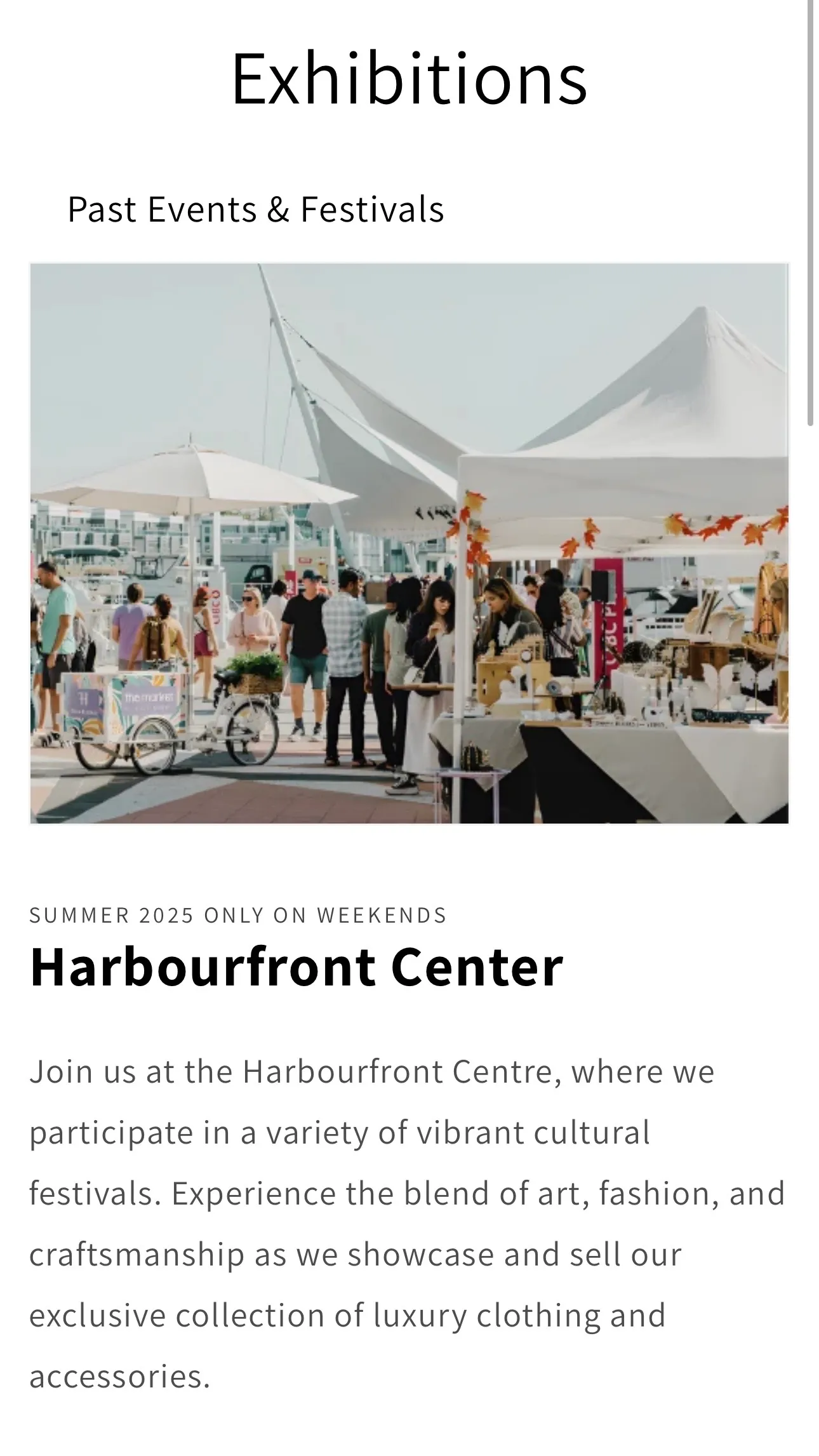 Exhibitions page: past events and festivals at Harbourfront Centre.