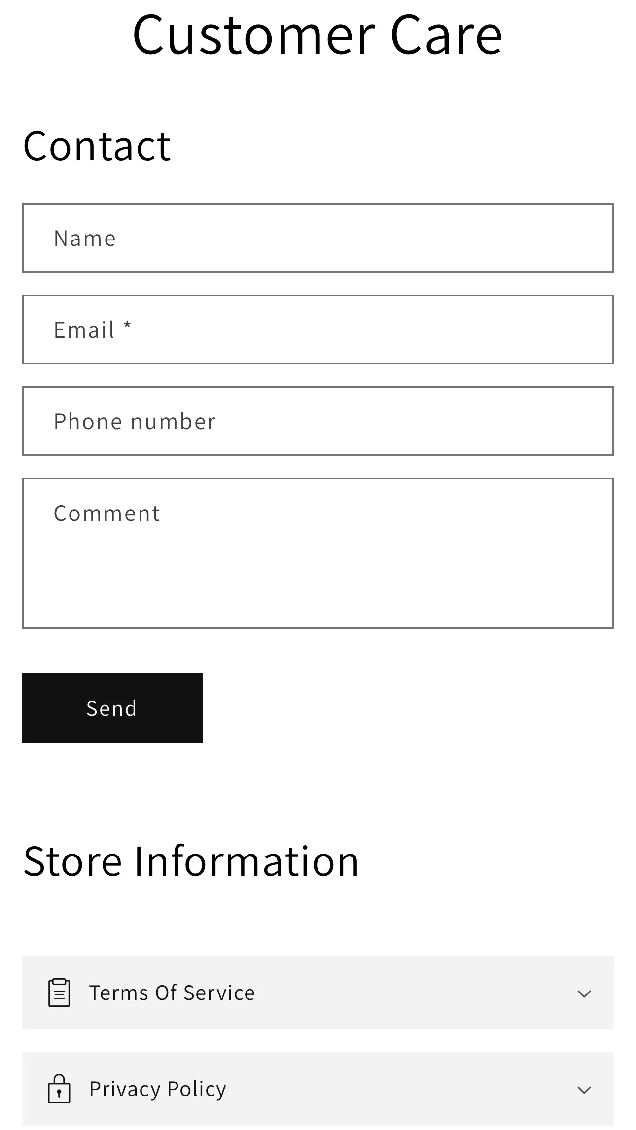 Customer care page with the contact form and store information.