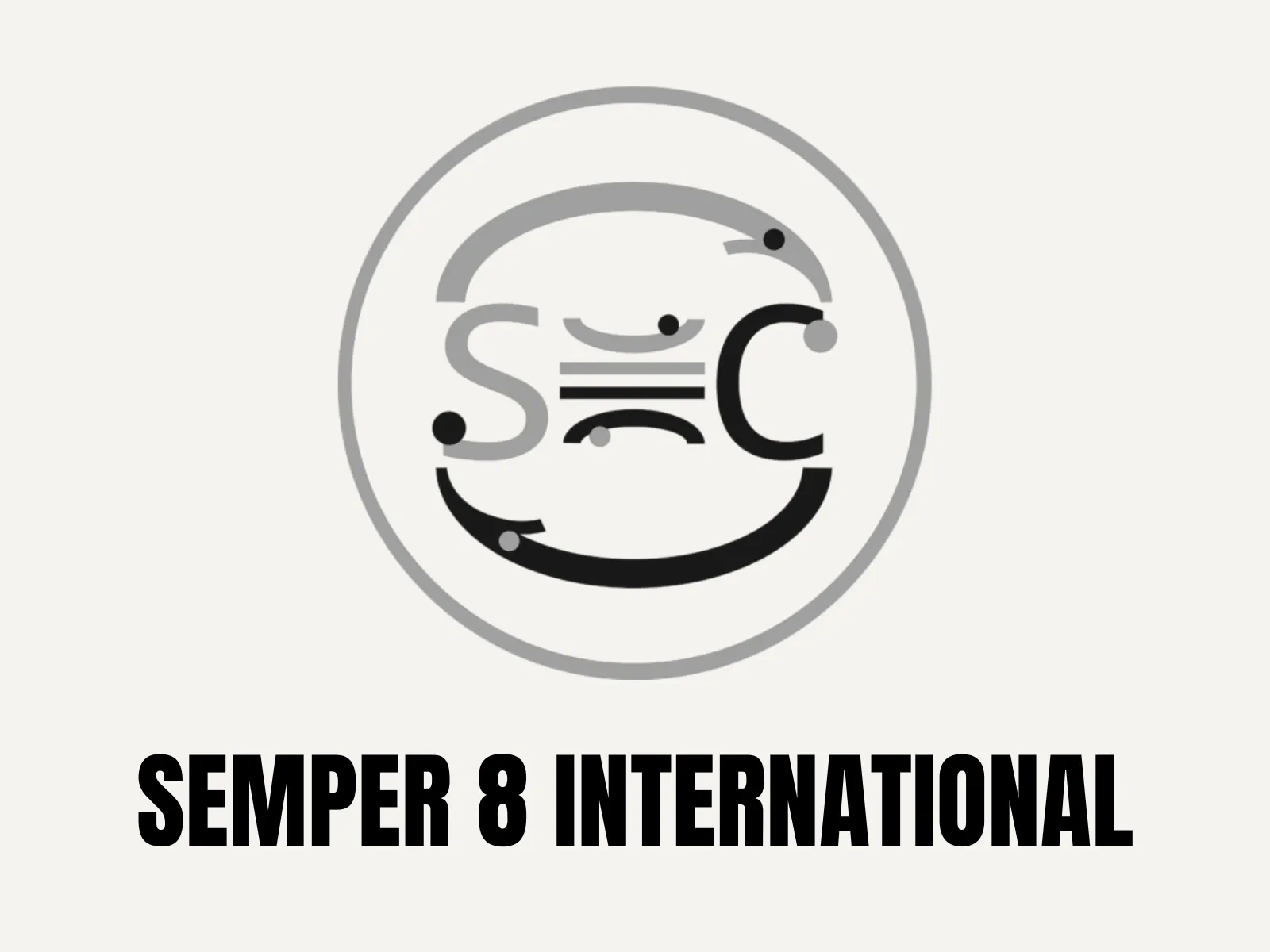 Semper 8 International logo: a greyscale S C roundel above the Semper 8 International wordmark on off-white.